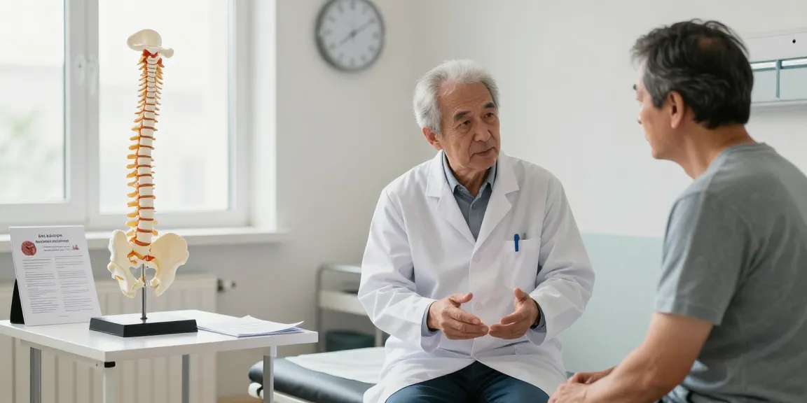 Patient consultation about Dar kanal ameliyatı with a spine surgeon in a medical setting.