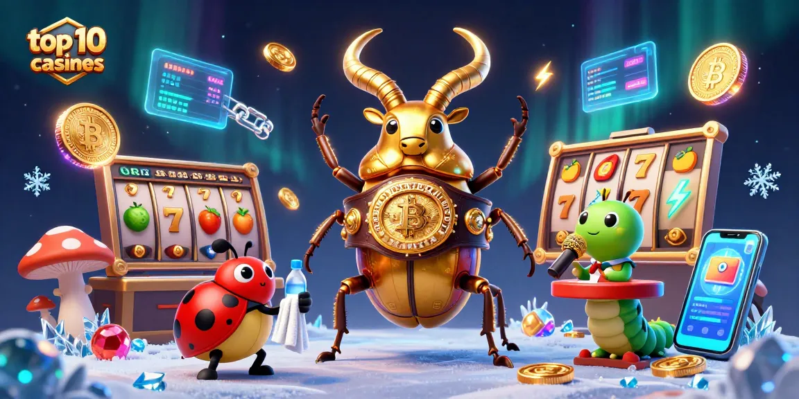 Showcase the top 10 online casinos with vibrant casino elements and unique characters.