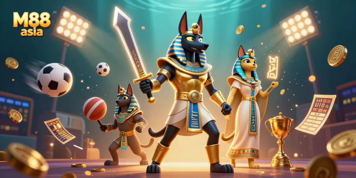 M88 asia brings excitement with Anubis and Bastet amid flying sports elements in a dynamic casino scene.