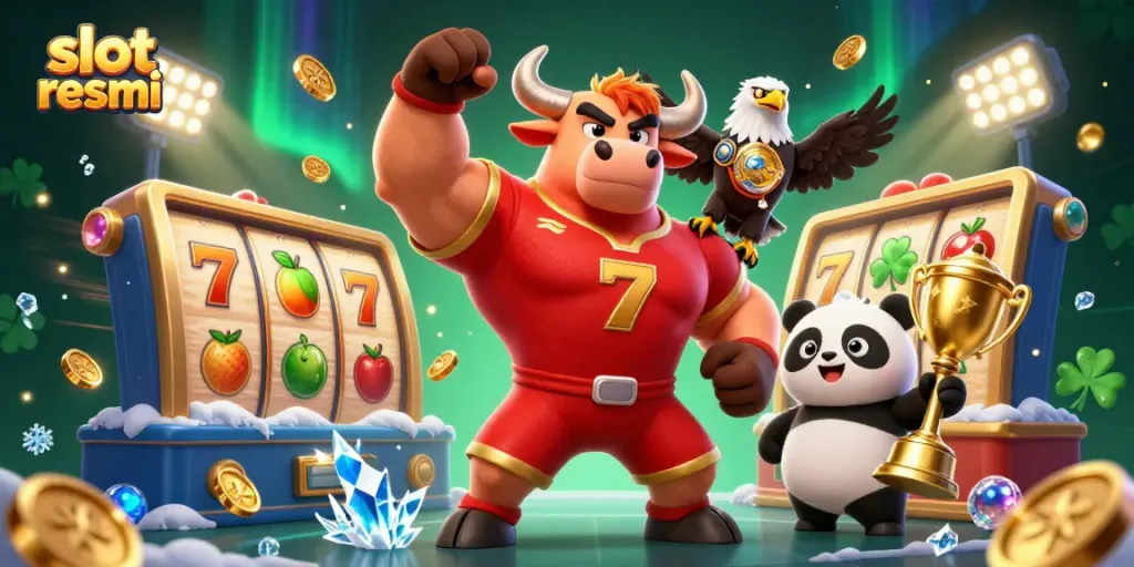 Experience exhilarating gameplay with slot resmi as a muscular bull mascot celebrates big wins in a vibrant casino scene.