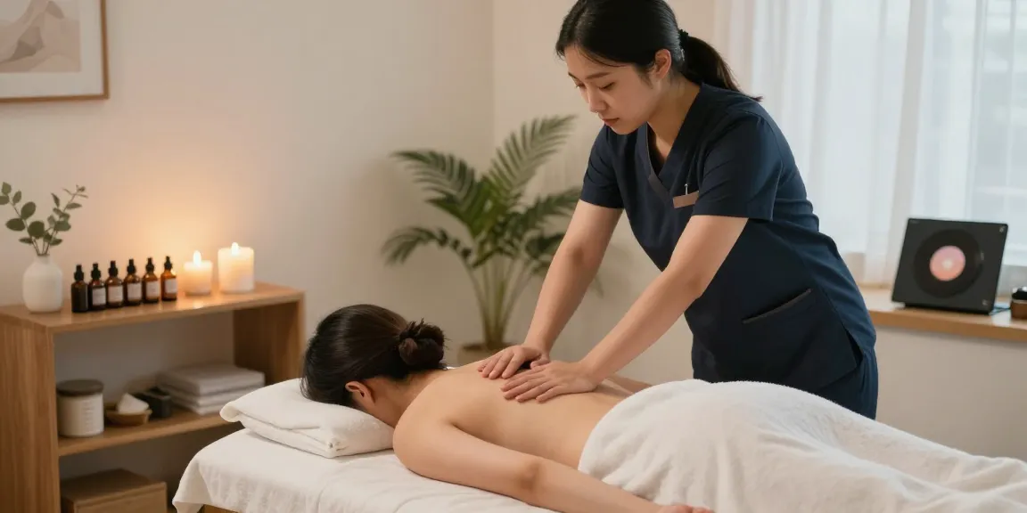 마포출장마사지 받는 고객과 전문 마사지사, 아늑한 분위기에서의 힐링 순간