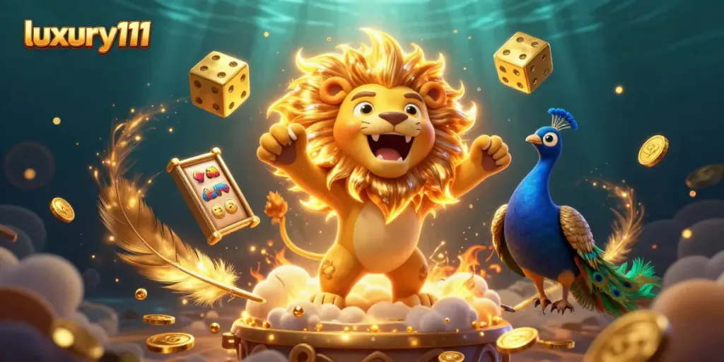 Permainan judi slot yang menggoda di luxury111 dengan simbol berwarna-warni dan koin emas yang bertebaran.