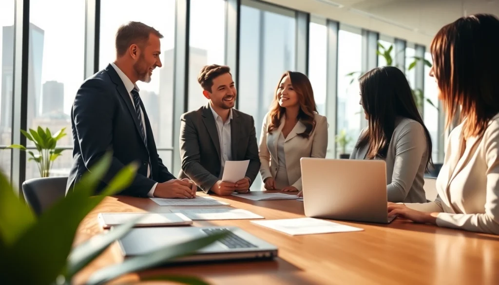 Engaged real estate agent discussing property details with clients in a modern office.