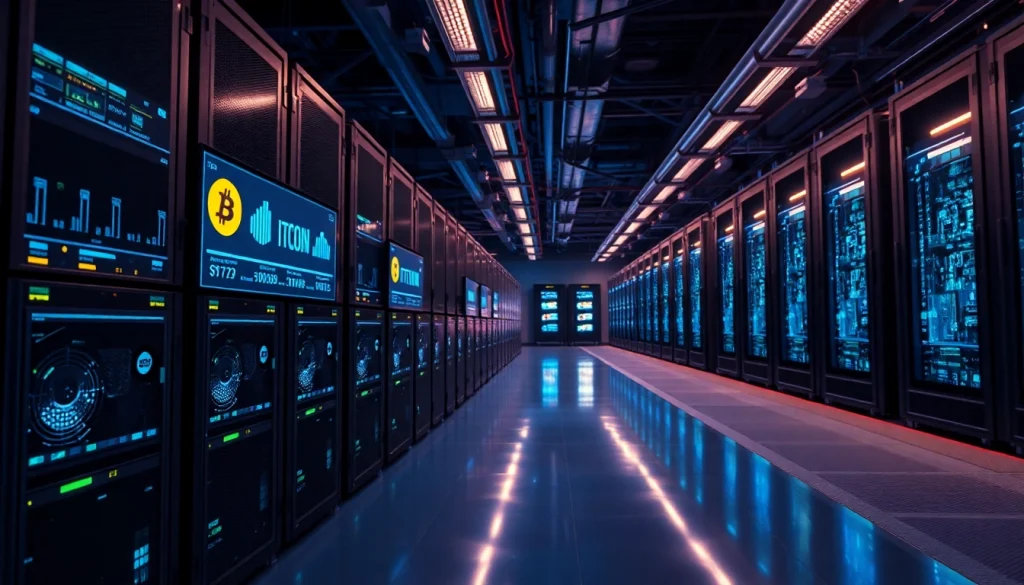 Bitcoin mining operation featuring advanced ASIC miners in a high-tech data center.