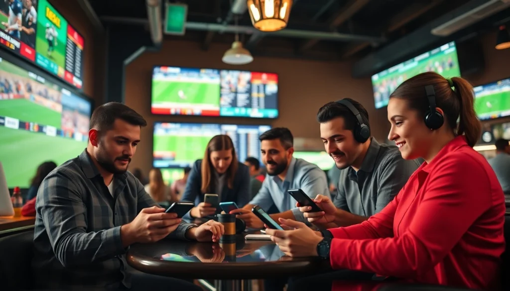 Engaging scene of bettors exploring the best sports betting sites for Brazil in a vibrant sports bar.