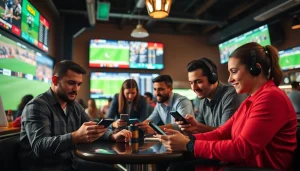 Engaging scene of bettors exploring the best sports betting sites for Brazil in a vibrant sports bar.
