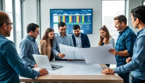 New York Construction Manager collaborating with a team on project plans in a modern office.