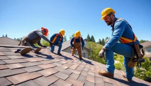 Installers applying high-quality roofing solutions on a residential home, showcasing expert craftsmanship and community.