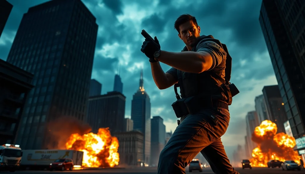 The thrilling scene of Bayside Boom with an action hero poised in a dramatic urban setting.