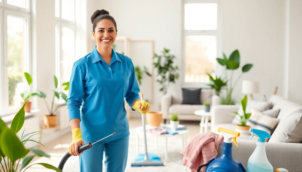 Cleaning service team in action, showcasing professional cleaning techniques in a bright home.