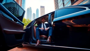 Chauffeur Hire service with a professional driver outside a luxury sedan in an upscale city setting.