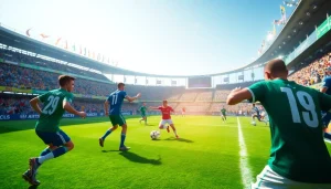 해외축구중계 중 선수들이 격렬하게 경쟁하는 모습과 펜들의 열띤 응원 스케치