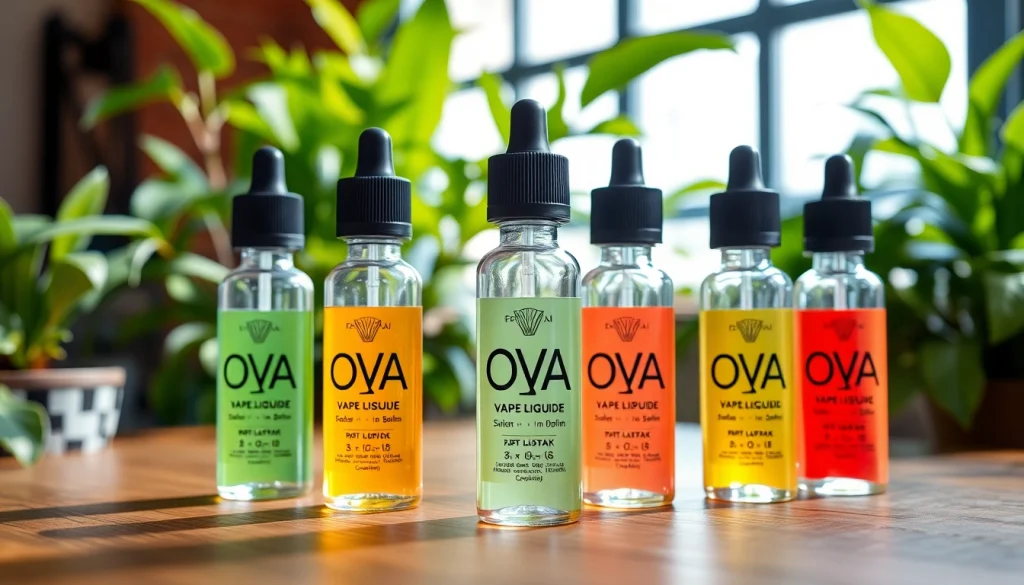 Oxva Liquid Flaschen auf einem Holztisch, umgeben von grünen Pflanzen für frische Atmosphäre.