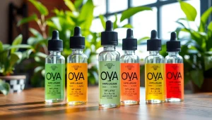 Oxva Liquid Flaschen auf einem Holztisch, umgeben von grünen Pflanzen für frische Atmosphäre.