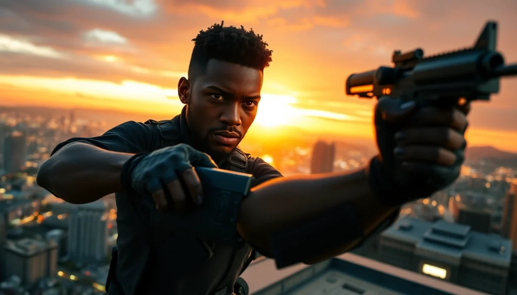 Bayside Boom showcases Orlando Black ready for action on a rooftop with a dramatic Bay Area backdrop.