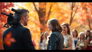 Capture the essence of toronto videography during a wedding ceremony surrounded by colorful autumn foliage.