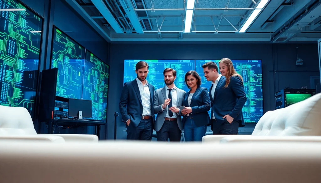 Managed IT support team collaborating in a modern office, showcasing technology and teamwork.