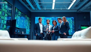 Managed IT support team collaborating in a modern office, showcasing technology and teamwork.