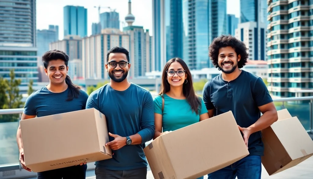 Toronto movers team effectively handling boxes against Toronto's vibrant city backdrop.
