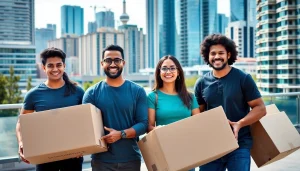 Toronto movers team effectively handling boxes against Toronto's vibrant city backdrop.