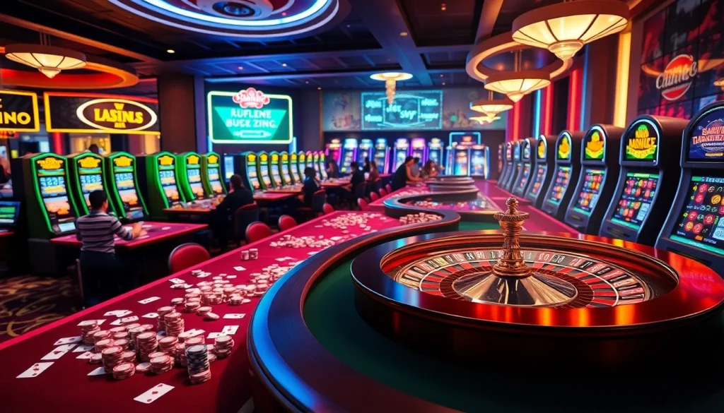 Dynamic casino scene with KJC AC 3 elements: gaming tables, cards, and roulette wheel.