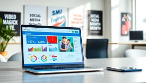 YouTube smm panel interface displayed on a sleek laptop in a bright office environment.