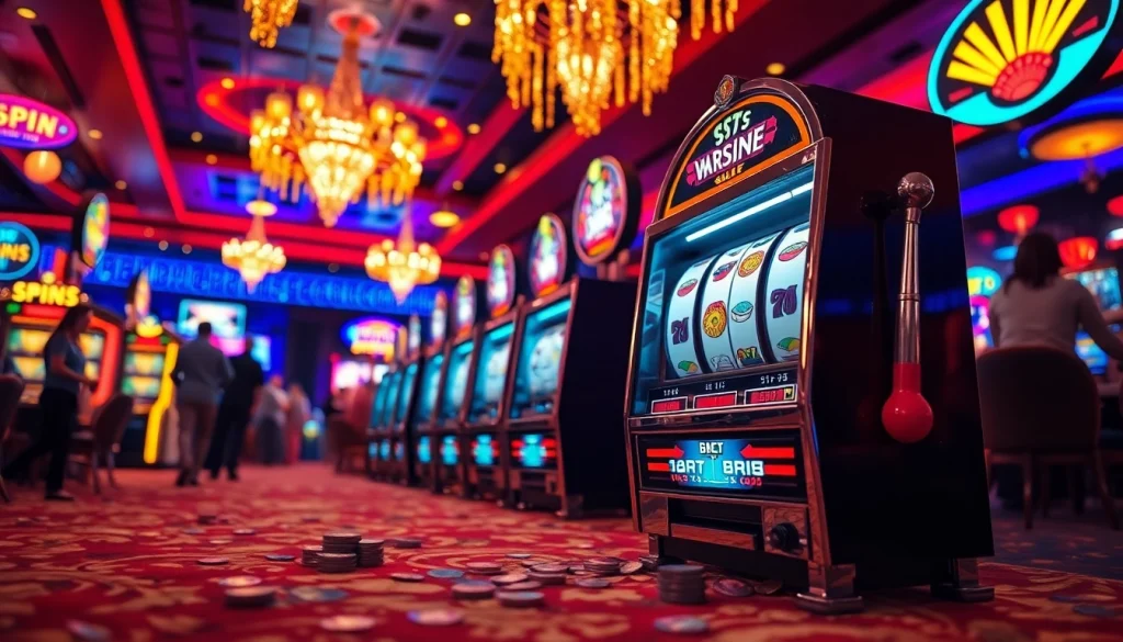 Menggulung slot dengan banyak cahaya berwarna di kasino yang meriah.