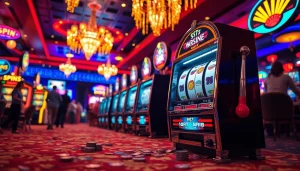 Menggulung slot dengan banyak cahaya berwarna di kasino yang meriah.