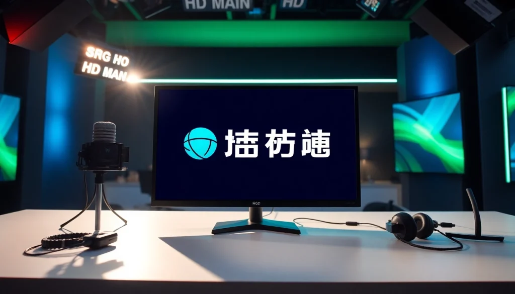 오징어티비의 로고가 있는 스튜디오 방송 세팅을 조명하고 있는 모습