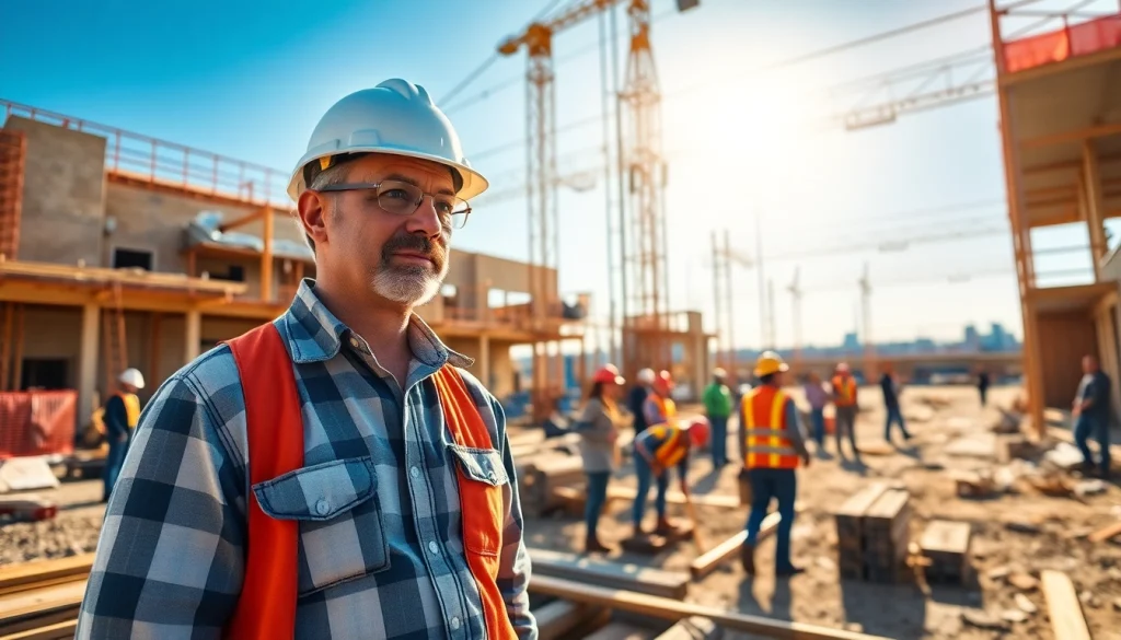 New Jersey General Contractor supervising a vibrant construction site with active workers and equipment.