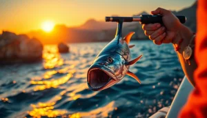 Fisherman engaged in Wahoo fishing Cabo San Lucas with a stunning ocean backdrop.