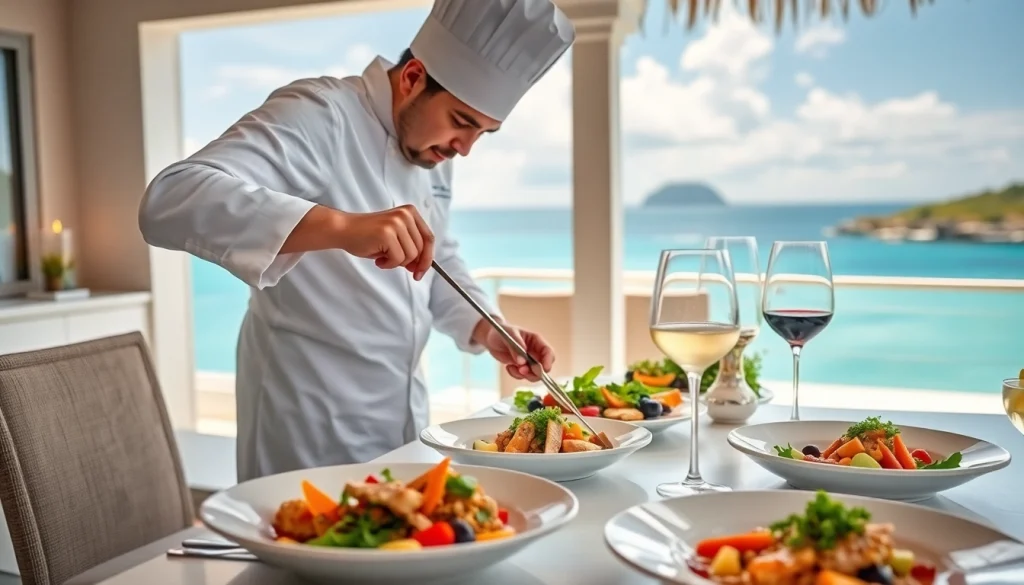 St Martin Private Chef preparing gourmet dishes in a luxurious villa setting overlooking the sea.
