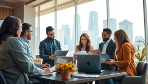 Job seekers collaborating in a modern Chicago setting, highlighting Chicago jobs opportunities.