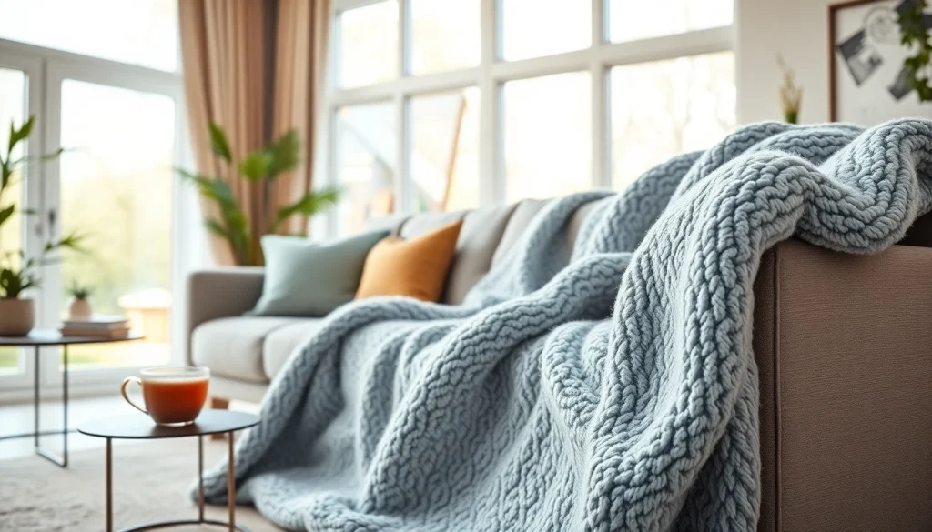 Fleece dekens in een gezellige woonkamer met warme verlichting en moderne inrichting.