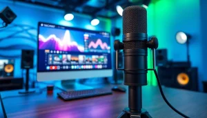 koralive live streaming setup featuring a modern computer, professional microphone, and ambient lighting.