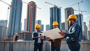 Manhattan Commercial General Contractor overseeing urban construction with modern skyline.