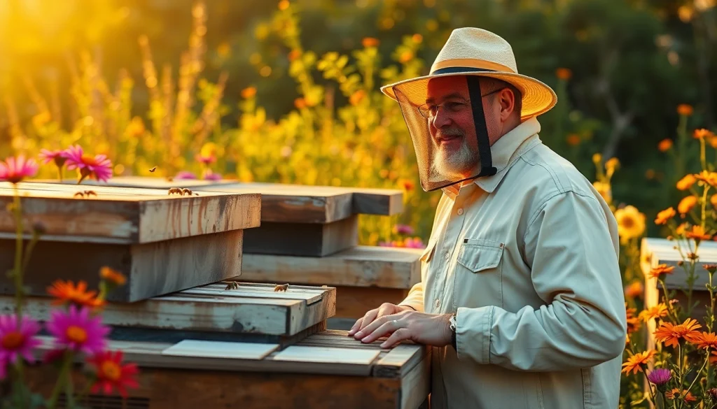 Observar núcleos de abejas en un apiario, rodeados de flores coloridas y un apicultor atento.
