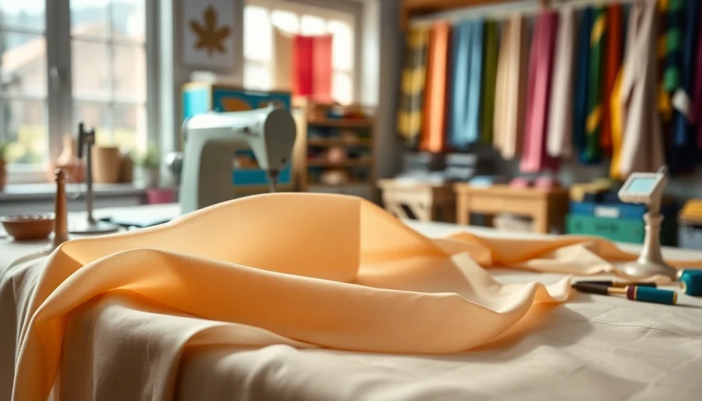 Mousseline stof die prachtig gedrapeerd is over een naaitafel vol met gereedschappen.