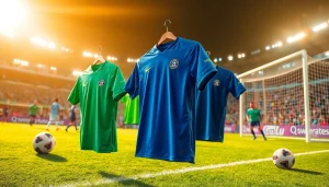 Shop vibrant and lively discount football shirts displayed on a soccer field, showing team spirit and energy.