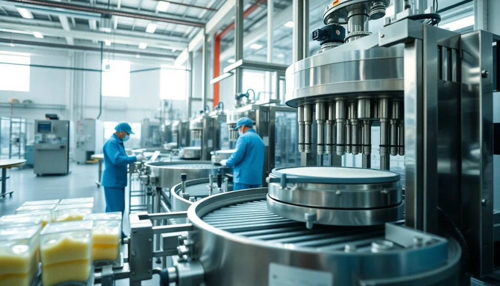 Visualize the fabbrica di dolcificanti while highlighting modern production techniques and vibrant atmosphere.