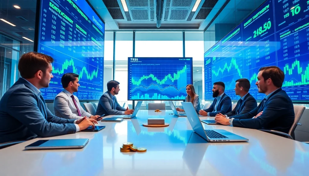 Premium crypto review discussion in a modern office setting with market charts and tech.