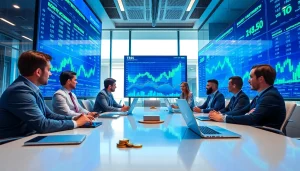 Premium crypto review discussion in a modern office setting with market charts and tech.