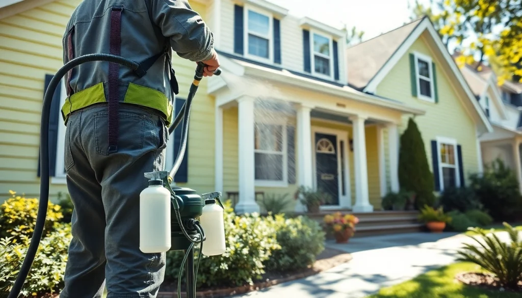 Soft wash technician professionally cleaning a home exterior with eco-friendly techniques.