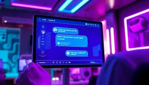 Engaging user with sex chat ai on a futuristic chatbot interface, illuminated by neon tones.