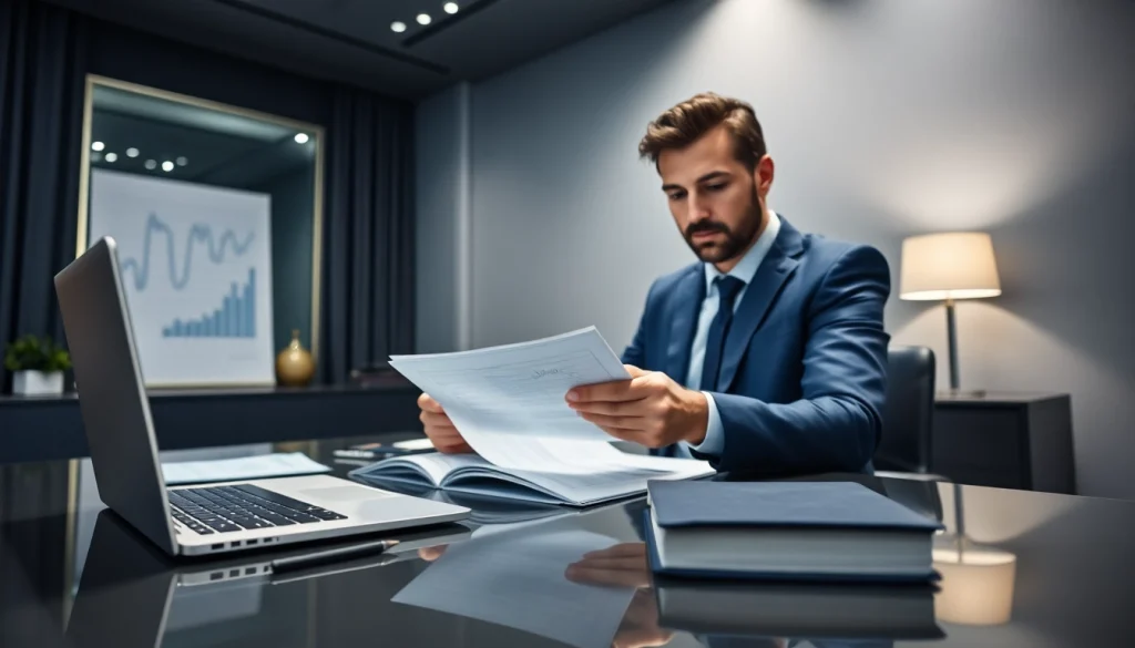 Professionista che analizza documenti della Legge 3 sul sovraindebitamento in un ufficio moderno.