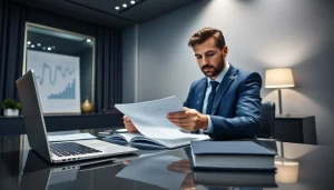 Professionista che analizza documenti della Legge 3 sul sovraindebitamento in un ufficio moderno.