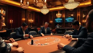 High-stakes poker scene showcasing 7mcn interactive sports odds amidst a luxurious casino atmosphere.