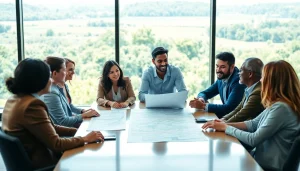 Highlighting construction advocacy in the Carolinas, professionals collaborate on plans and blueprints.