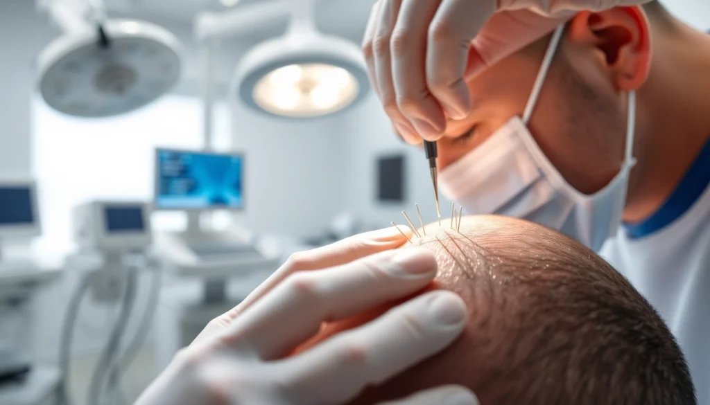 Engage in a hair transplant procedure highlighting expert techniques and a modern clinic environment.