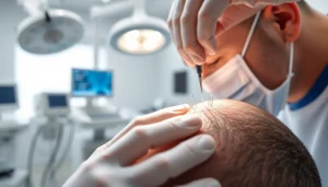 Engage in a hair transplant procedure highlighting expert techniques and a modern clinic environment.